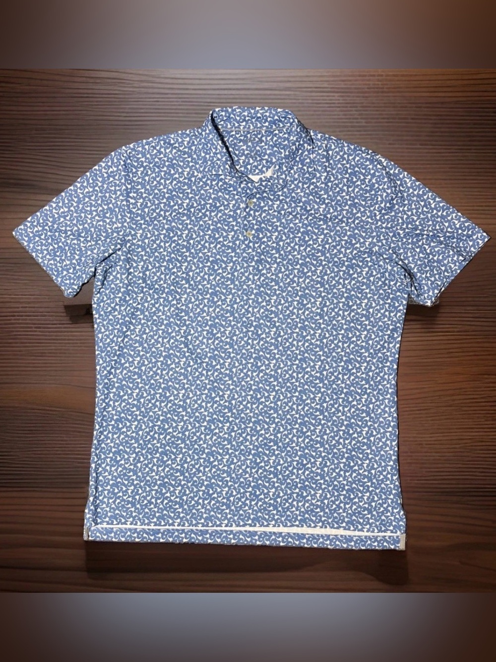Johnnie-O Dev Golf Polo Mens L Blue Paisley Moisture Wicking UPF stretch Logo
